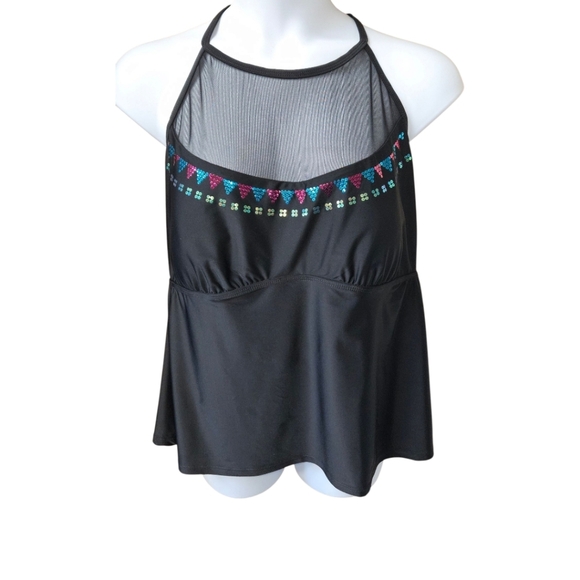HEART & HARMONEY Plus Size Multi- Color Sequins Tie Neck Mesh Swimsuit Top 3X - Picture 2 of 14